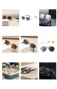 Detailed catalog of geometric oval and cat-eye sunglasses with UV protection lenses