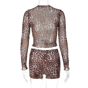Back view of mesh two-piece set featuring leopard print long sleeve top and slim fit shorts