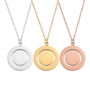 Rotating geometric double-layer circular pendant necklace in gold, silver, and rose gold