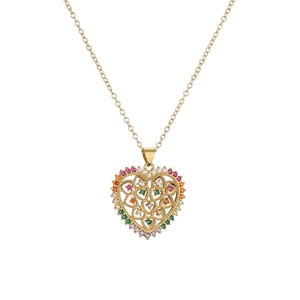 Golden tree of life heart necklace with colorful zircon stones on white background