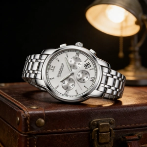 Detailed view of elegant men's stainless steel watch on a vintage leather box.