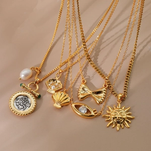 Sun Evil Eye Bowknot Shell Pendant Necklace For Women 18K Gold Plated Copper Retro Boho Minimalist Jewelry Gift