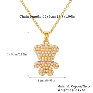 Detail showing dimensions and material of the pearl bear pendant necklace with golden chain