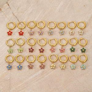 Flower Hoop Earrings 18K Gold Plated Stainless Steel Birthstone Colored Rhinestone Minimalist Jewelry For Women