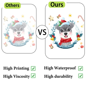 Detail comparison showing high-quality waterproof Christmas dog stickers with vivid printing
