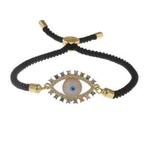 Adjustable black cord bracelet with evil eye charm featuring colorful zircon and gold trim