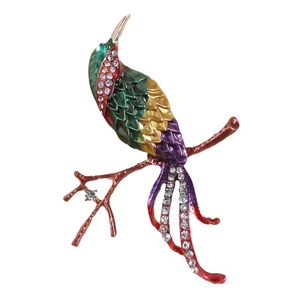 Fashionable magpie bird brooch in colorful enamel with sparkling rhinestones on branch