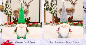 Detail of Christmas gnomes with reindeer antlers in green and grey felt hats