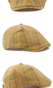 Vues détaillées de la casquette plate à rayures ocre montrant le tissu vintage et le bouton