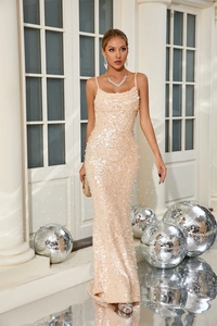 Elegant champagne sequin evening gown featuring a slim fit fishtail silhouette and open back