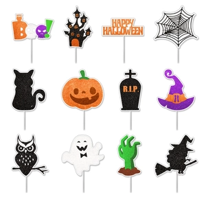 12-piece Halloween cake topper set with glitter pumpkin, ghost, and haunted house designs
