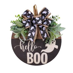 Wooden Halloween hello BOO door sign with green leaves and black ghost ribbon bow