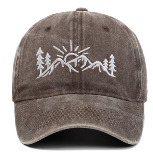 Vintage washed cotton baseball cap with mountain and pine tree embroidery design