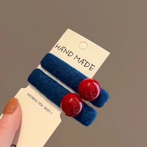 Navy blue knitted hair clip with red beads accessory for women's autumn style