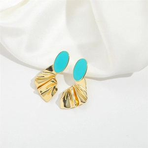 Vintage maple leaf design earrings in gold and turquoise blue with wrinkled metal detail