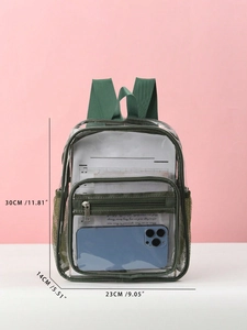 Detailed view of the clear PVC backpack with dimensions 30x23x14cm and green trim