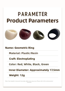 Detailed specifications of resin oval rings in cream, red, olive, and black colors
