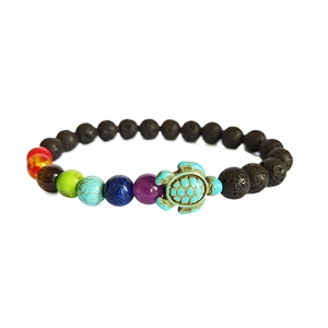 Chakra Lava Rock Bead Bracelet With Sea Turtle Pendant Elastic Healing Stone Yoga Jewelry For Men And Women