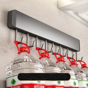 Wall-mounted kitchen rack with 7 hooks showing strong load-bearing capacity with water bottles