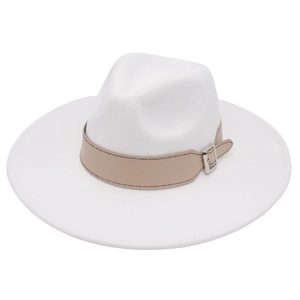 Detail of white wool fedora hat featuring a tan leather belt band with a silver buckle