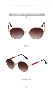 Detail view of gold metal round sunglasses with gradient brown lenses from two angles