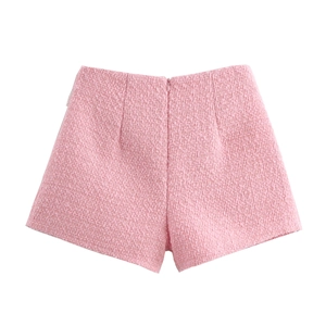 Damen-Shorts aus rosa Tweed mit verdecktem Reißverschluss und Fransen-Detail in Flachlage
