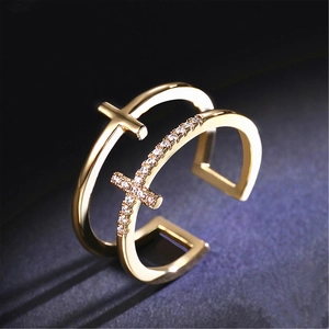 Double-layered gold cross ring with sparkling zircon stones and adjustable open band design