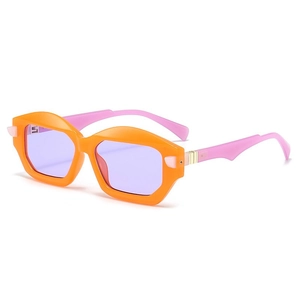 Modern retro sunglasses with orange frames and purple lenses in a 45-degree angle view