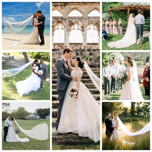 Detailed views of a long white bridal veil with a sweeping trail in various outdoor settings