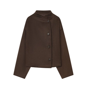 Women Short Woolen Texture Jacket Stand Collar Long Sleeve Solid Color Casual Loose Outerwear Coat Soft Polyester