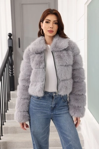 Short grey faux fur jacket with high-texture fluffy finish and zipper closure detail