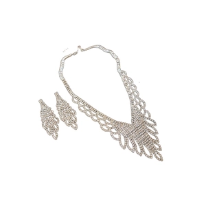 Elegant silver jewelry set with V-shaped rhinestone necklace and matching lace earrings