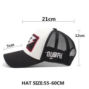 Black and white mesh trucker hat with Dubai embroidery and lightning patch, size 55-60cm