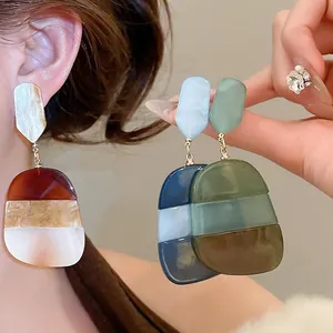 Vintage Geometric Drop Earrings With Acetate Resin Marble Texture And Silver Earring Post Large Spliced Style For Women