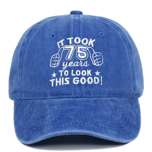Detail of 75th birthday blue washed cotton cap with embroidery and thumb icons