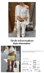 Detail view of white crochet knit top showing 100% polyester fabric and 0.22kg weight specs