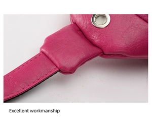 Detailed macro view of pink leather chest bag with neat stitching and metal eyelet detail