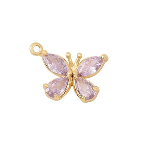 Golden butterfly pendant with purple gemstones and round bail for DIY jewelry
