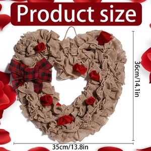 Detailed view of heart-shaped burlap wreath with red roses and size specifications