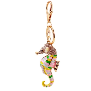 Golden seahorse keychain with colorful enamel stripes and sparkling crystal rhinestones