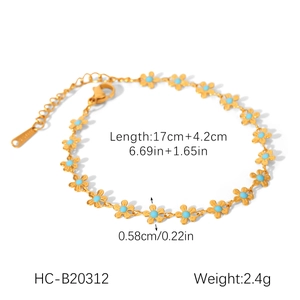 Detail view of gold flower bracelet showing length 17cm+4.2cm and flower diameter 0.58cm