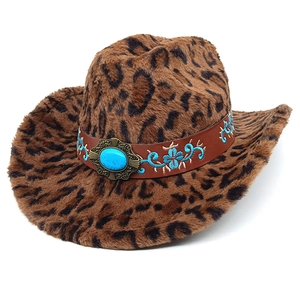 Leopard print western cowboy hat with floral embroidery and turquoise stone accent