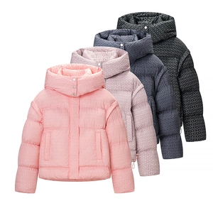 Damen Pufferjacke Mit Kapuze Geometrisches Muster Kurze Steppjacke Bedruckte Polyester-Oberbekleidung Mit Kordelzug Am Saum