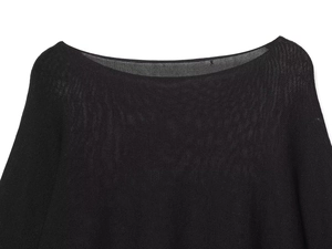 Close-up of boat neck detail on black semi-transparent fine knit sweater fabric