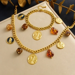 Retro Gold Plated Stainless Steel Necklace And Bracelet With Relief Coin Pendants Resin Beads Bohemian Jewelry Women