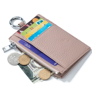 Pink genuine leather zipper coin purse with card slots and silver metal ring holder