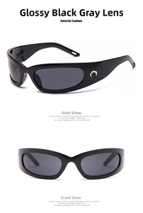 Detail of Y2K sunglasses showing black frame with silver crescent moon logo on temple
