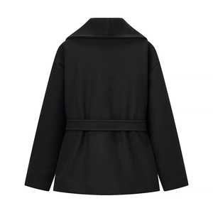 Rear view of a black wool blend coat for women featuring a stylish wide lapel and belted waist