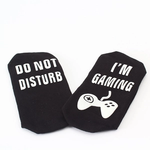 Cotton crew socks with 'Do Not Disturb, I'm Gaming' anti-slip print on the soles