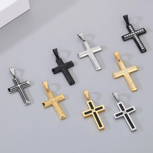 Variety of stainless steel cross pendants with crystal inlays and polished finishes